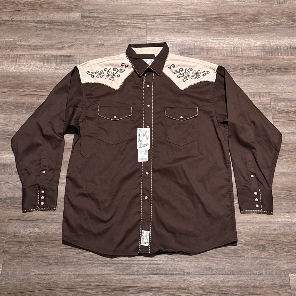 NEW Panhandle Slim Retro Western Wear Mens XL Pearl Snap Brown Embroidered Shirt